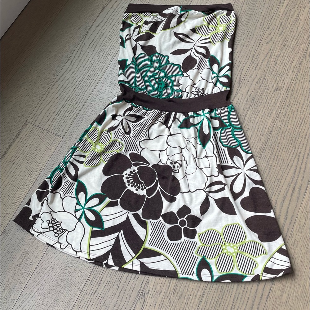 Strapless green/ brown flower summer vacation dress